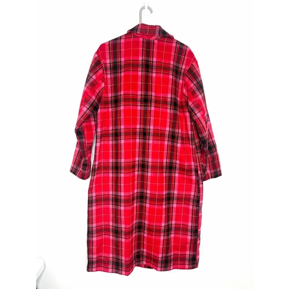 Old Navy Women's Long Tartan Red Plaid Overcoat Sz L Preppy Chic Travel Colorful